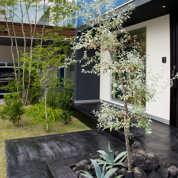 ガレージを併せ持つ住宅の外構植栽ランドスケープデザイン