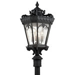 Kichler - Tournai 4-Light 37.5" Outdoor Post Lantern in Textured Black - The Tournai™ 37.5" 4 Light outdoor post light features an ornate look with its clear seeded glass and Textured Black finish. The Tournai wall light works in a traditional environment.Complete the look by adding coordinating pieces such as the Tournai Pendant (9855BKT) Textured Black, Tournai Light Post Textured Black (9558BKT) and Tournai Wall Light (9355BKT, 9357BKT) Textured Black.Cleaning instructions: Turn off electric current before cleaning. Clean metal components with a soft cloth moistened with a mild liquid soap solution. Wipe clean and buff with a very soft dry cloth. Under no circumstances should any metal polish be used, as its abrasive nature could damage the protective finish placed on the metal parts. Never wash glass shades in an automatic dishwasher. Instead, line a sink with a towel and fill with warm water and mild liquid soap. Wash glass with a soft cloth, rinse and wipe dry.CSA UL Listed Wet for open or direct exposure to sun, rain or water spray and is ideal for pergolas, lanais, open porches and more. It has a highly durable finish against rain or snow and feature stainless steel mounting hardware.   This light requires 4 , 100W Watt Bulbs (Not Included) UL Certified.