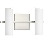 Progress Lighting - Progress Colonnade LED 2-Light LED Bath Vanity P300186-009-30, Brushed Nickel - Tubular etched glass shades pop against a geometric back plate to create Colonnade, an LED bath and vanity collection. Modern style and continuous illumination are ideal for a variety of bath and vanity settings - including Mid-Century and Luxe. LED source features 3000K and 90 CRI benefits, as well as a lifespan of more than 42,000 hours. Two-Light Bath in a Brushed Nickel finish.