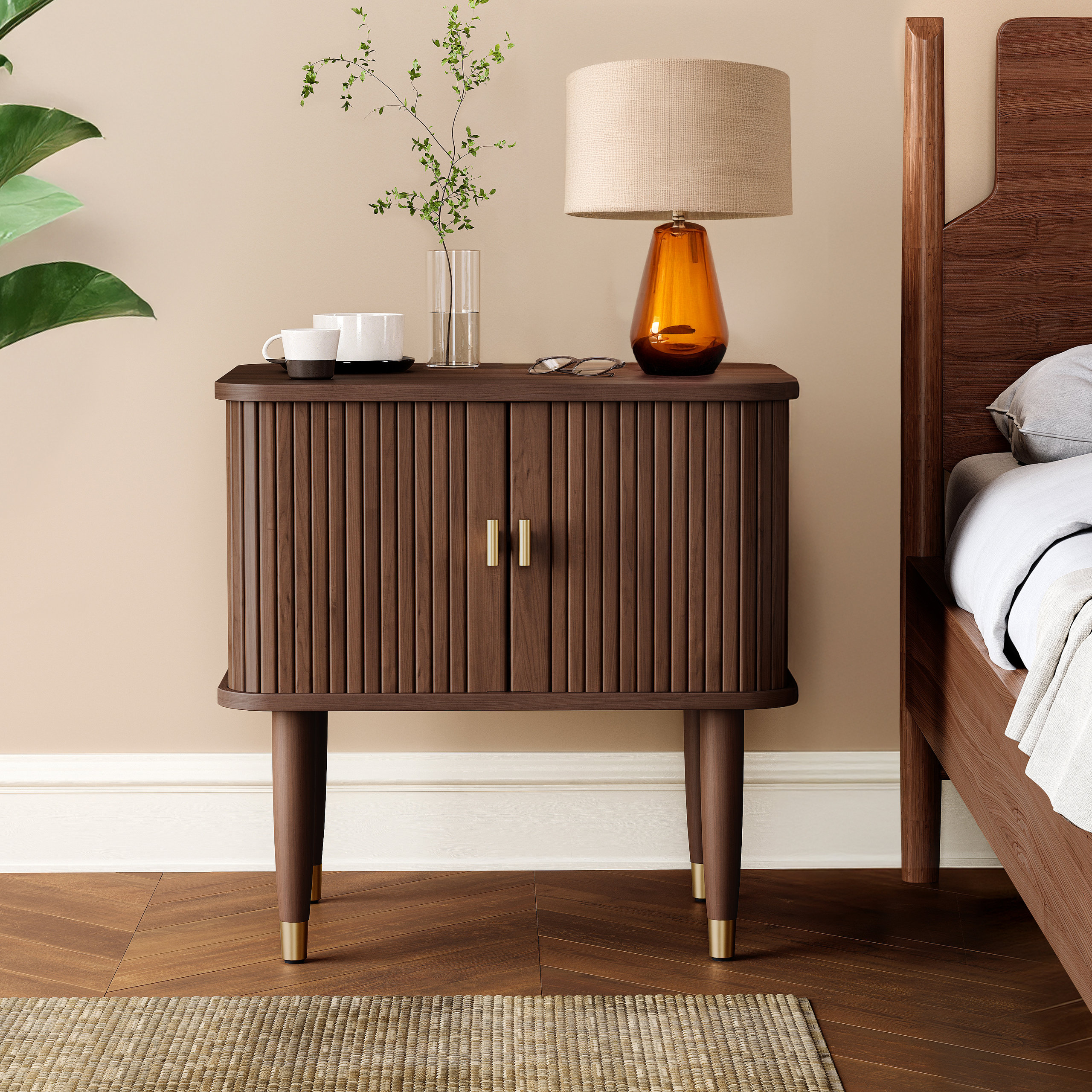 Studio London Murray Mid-Century Nightstand with Storage Brass Accents