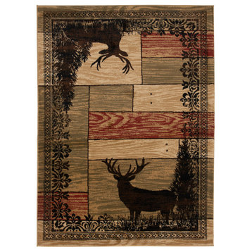 Woodgrain Elk  Multi Lodge Area Rug, 7'10"x9'10"