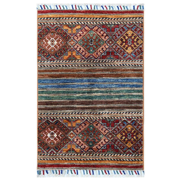 Brown Super Kazak Khorjin Design With Colorful Tassles Shiny Wool Rug, 2'1"x3'1"
