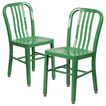 2 Pack Indoor Outdoor Dining Chair, Metal Seat With Slatted Back, Green