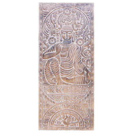 Consigned Vintage Carved Wood Art Wall Sculpture Buddha Seated On Lotus 84