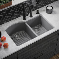 Karran Undermount Quartz 32" 60/40 Double Bowl Kitchen Sink Kit, Grey