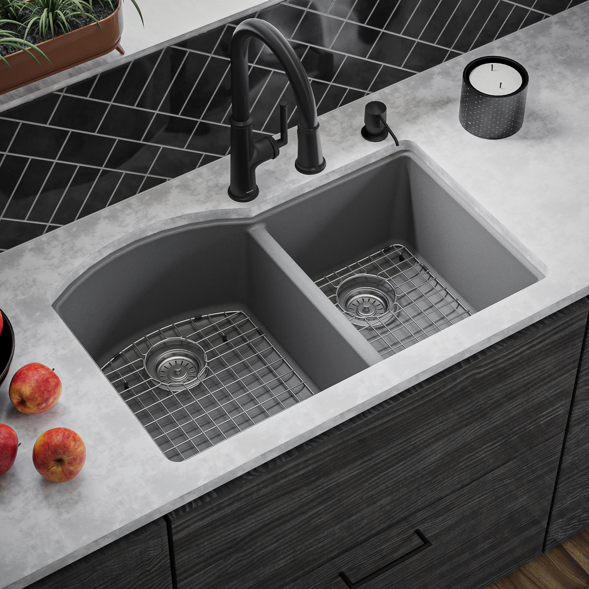 Karran Undermount Quartz 32" 60/40 Double Bowl Kitchen Sink Kit, Grey