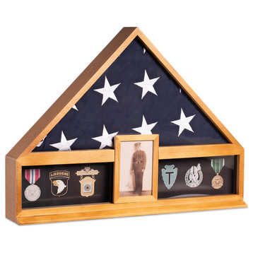 Oak Handcrafted Military Flag and Medal Display Case, 4"x6" Picture Frame