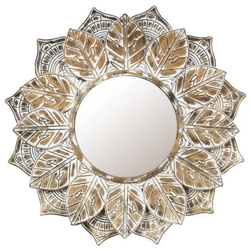 LuxenHome Distressed Brown and White Leaf Wreath Metal Frame Wall Mirror