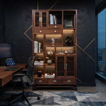 Asian Inspired Asymmetrical Light Brown Shelving Display Cabinet Divider ws4975