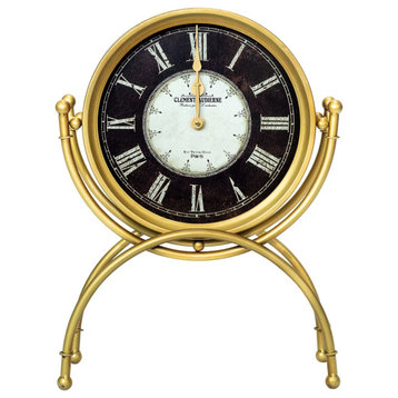 Retro Standing Desk Clock With Roman Numerals, Gold Metal Finish With Glass