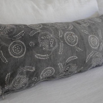 Pair of Vintage Faded Grey Batik Floral Lumbar Pillows
