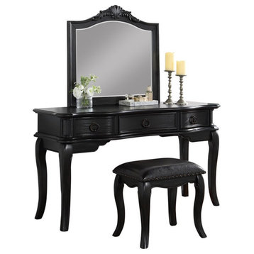 Poundex Furniture Wood Vanity Set with Stool and Mirror in Black