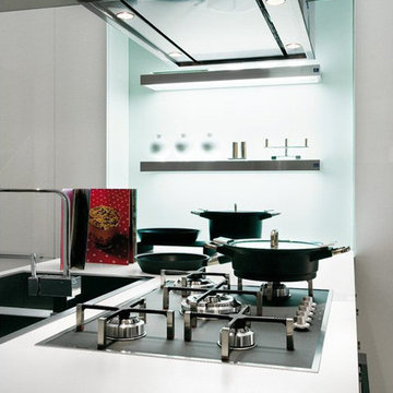 Modern T-shaped white and brown kitchen