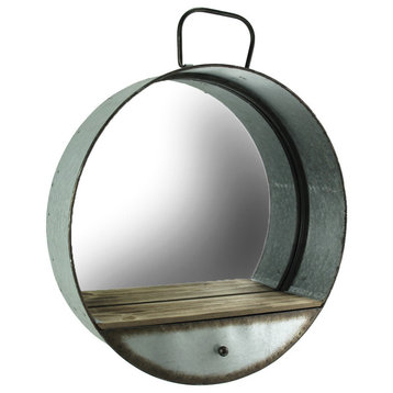 Rustic Galvanized Metal Tub Frame Round Wall Mirror with Drawer