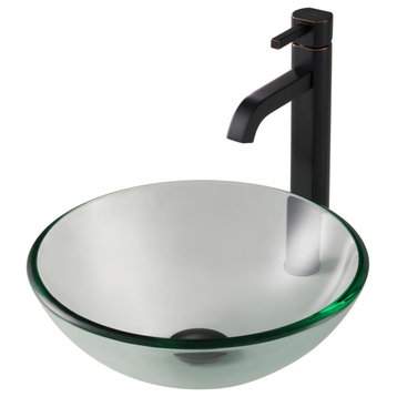 Glass Vessel Sink, Bathroom Ramus Faucet, Drain, Mounting Ring, Oil Rub Bronze