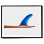 Timothy Hogan Studio - "Plastic Fantastic" Surf Art Photograph, Black Frame, 14''x18'' - Plastic Fantastic Single Fin Surfboard Print by Timothy Hogan. Sunny, fun and bright would be used to describe this image. The orange rails and brilliant blue single fin on this vintage surfboard add a splash of color while the sleek outline completes a modern look. This bold orange and blue single fin was the personal surfboard of legendary surfer Jeff Hackman. Photographed by Timothy Hogan at the Surfing Heritage and Cultural Center in San Clemente, California.