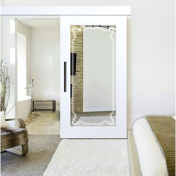 Mirrored Sliding Barn Door with Mirror Insert + Frosted Design, 2x Mirror, 28"x84"inches