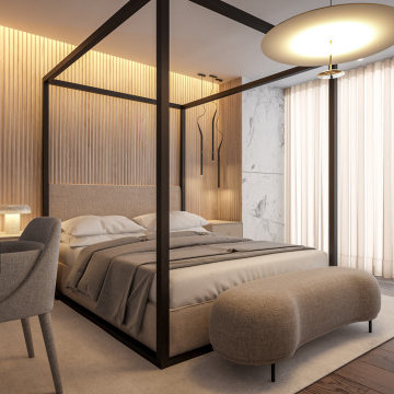 Oeiras bedroom render with canopy bed and dressing table
