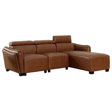 Furniture of America Holm Faux Leather Adjustable Headrest Sectional in Brown