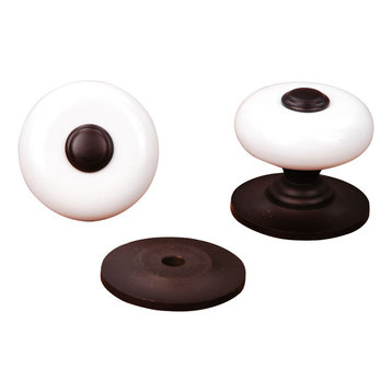 RK International, White Porcelain Knob with Oil Rubbed Tip 1 1/4"