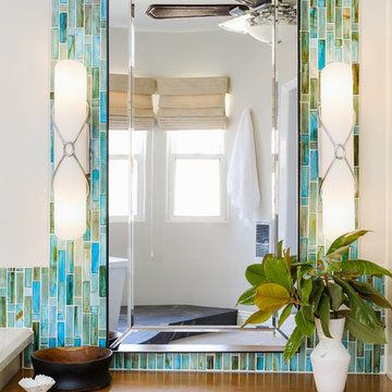 White & Bright Master Bathroom w/ Teal mosaic tile backsplash & Freestanding tub