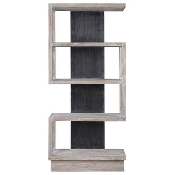 Dramatic Staggered Shelf Modern Etagere Open Black Gray Wood S Shape Book Shelf