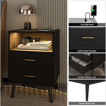 Nightstand Set of 2 with Charging Station, LED Nightstands with Open Shelf, Blac