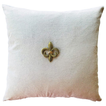 Natural Linen Spatkle Tan Pillow, Removable Decorating Pin, Goldfleurdilis