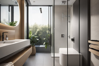 Large trendy master gray floor and double-sink bathroom photo in Seattle with marble countertops, a hinged shower door, white countertops and a floating vanity
