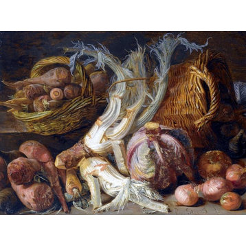 Tile Mural Still Life With Onions Cabbages Carrots Baskets, 6"x8", Glossy