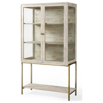 Arelius 36L x 18.75W x 63H White Wood With Gold Metal Base Display Cabinet