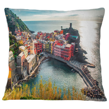 Vernazza Bay Aerial View Seascape Throw Pillow, 16"x16"