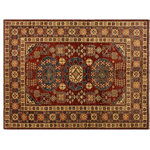 Bareens Designer Rugs - Rustic Super Kazak Hermine Red/Blue Wool Rug - 5'3'' x 6'3'' - Embellish your home with this exquisitely hand-knotted Kazak Rug made with the finest hand spun wool and all vegetable dyes. Demonstrating incredible attention to detail, this hand-knotted masterpiece features an intricate Kazak pattern in a classic color palette. Made in the Caucasian designs from Russia and the northern Persian empire, each Kazak incorporates distinctive tribal flavor with elements such as the stepped hooted polygons, geometrical medallions, animals and rosettes. The straight, clean lines and bold tones embody the weaving style of the Armenian and Afghani weavers known for these iconic designs. This magnificent rug featuring soft luscious pile and is made with handspun wool and natural dyes to produces soft luminous shades causing a beautiful sheen. With geometric designs and bold vibrant saturated colors predominately blues, reds, greens, and gold make a bold statement in any decor. The construction technique used ensures that the designs and colors Ae capable to withstand heavy traffic area.