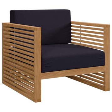 Modway Carlsbad Teak Wood & Fabric Outdoor Patio Armchair in Natural/Navy