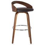 Armen Living - Sonia Swivel Faux Leather and Wood Stool, Brown and Walnut, Counter Height 26" - Add a touch of mid-century modern magic to your home with the Armen Living Sonia 26" Swivel Brown Faux Leather and Walnut Wood Counter Stool. Designed with comfort and style in mind, the Sonia features a 360-degree swivel that allows you to easily interact with your friends and family regardless of their place in the room! The curved wood low back is ideal for posture alignment and an unmatched support, its opening is perfect for breathable easy seating. The Sonia features a high-density foam cushion and beautiful faux leather upholstery that will allow you to sit or entertain for hours on end. The foundation of the product is supported by wood and chrome footrest for a chic and stylish aesthetic without comprising practicality and functionality of this item. The Sonia Swivel Faux Leather and Wood Counter & Bar Stool is available in a Walnut Finish with Brown, Grey, or Cream faux leather upholstery or Black Wood with Grey faux leather upholstery and a 26" or 30" seat height.