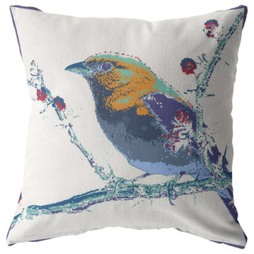 26" Blue White Robin Indoor Outdoor Throw Pillow