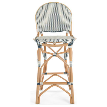 Rattan Bistro Bar Chair, White and Blue, Barstool