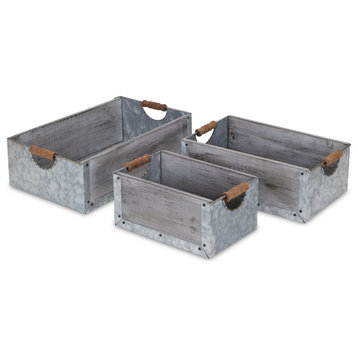 3-Piece Gray Wash Wood And Metal Crates With Side Handles