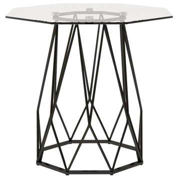 Contemporary End Table, Geometric Metal Base With Clear Glass Top, Sand Black