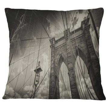 Upward View of Brooklyn Bridge Cityscape Photo Throw Pillow, 18"x18"
