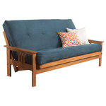 Studio Living - Caleb Frame Futon With Butternut Finish, Suede Blue - The futon is a classic hardwood frame with mission style arms. This unique and versatile full size futon sofa easily converts to a Bed.  This multifunctional piece of furniture can find a home in just about any type of room.