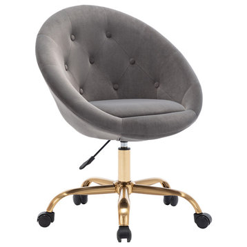 Button Tufted Velvet Papasan Rolling Chair, Grey