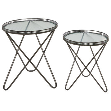 Round Industrial Metal Accent Tables With Glass Tops, Set of 2: 26.5", 19.5"