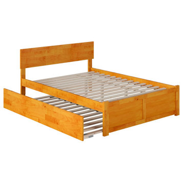 Orlando Full Size Platform Bed With Footboard & Twin Trundle, Caramel Latte