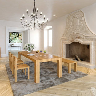 ドレスデンの広いトラディショナルスタイルのLDKの画像 (白い壁、淡色無垢フローリング、標準型暖炉、石材の暖炉まわり、ベージュの床)