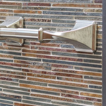 Custom Mediterranean Bathroom Remodel in Woodland Hills with Natural Wood Vanity