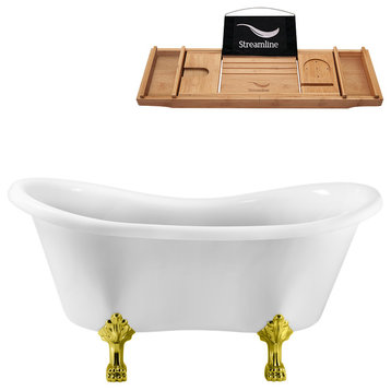 62" White Clawfoot Tub and Tray, Gold Feet, Chrome Internal Drain