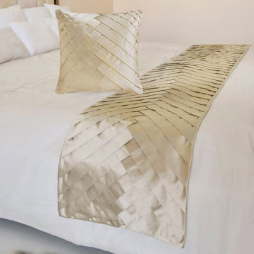 Designer Ivory Satin Full 68"x18" Bed Runner, Pintucks, Textured Glazed Satin