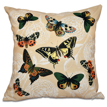 Antique Butterflies And Flowers, Animal Print Pillow, Gold, 16"x16"
