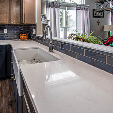 Two Tone Kitchen: Navy and Wood Kitchen with Carrara Wind Quartz Countertops